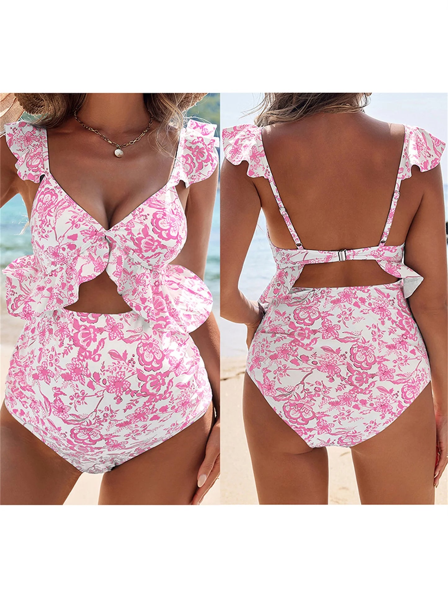 Maternity Swimwear for Women Tropical Print Halter Neck  Swimsuit Pregnancy Bathing Suit with Cutout Detail