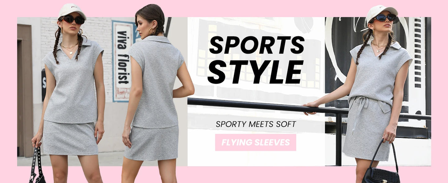 Womens Two Piece Skirt Sets Tennis Outfits Casual Cap Sleeve Lapel Shirt Summer Athletic Sport Short Skort Set