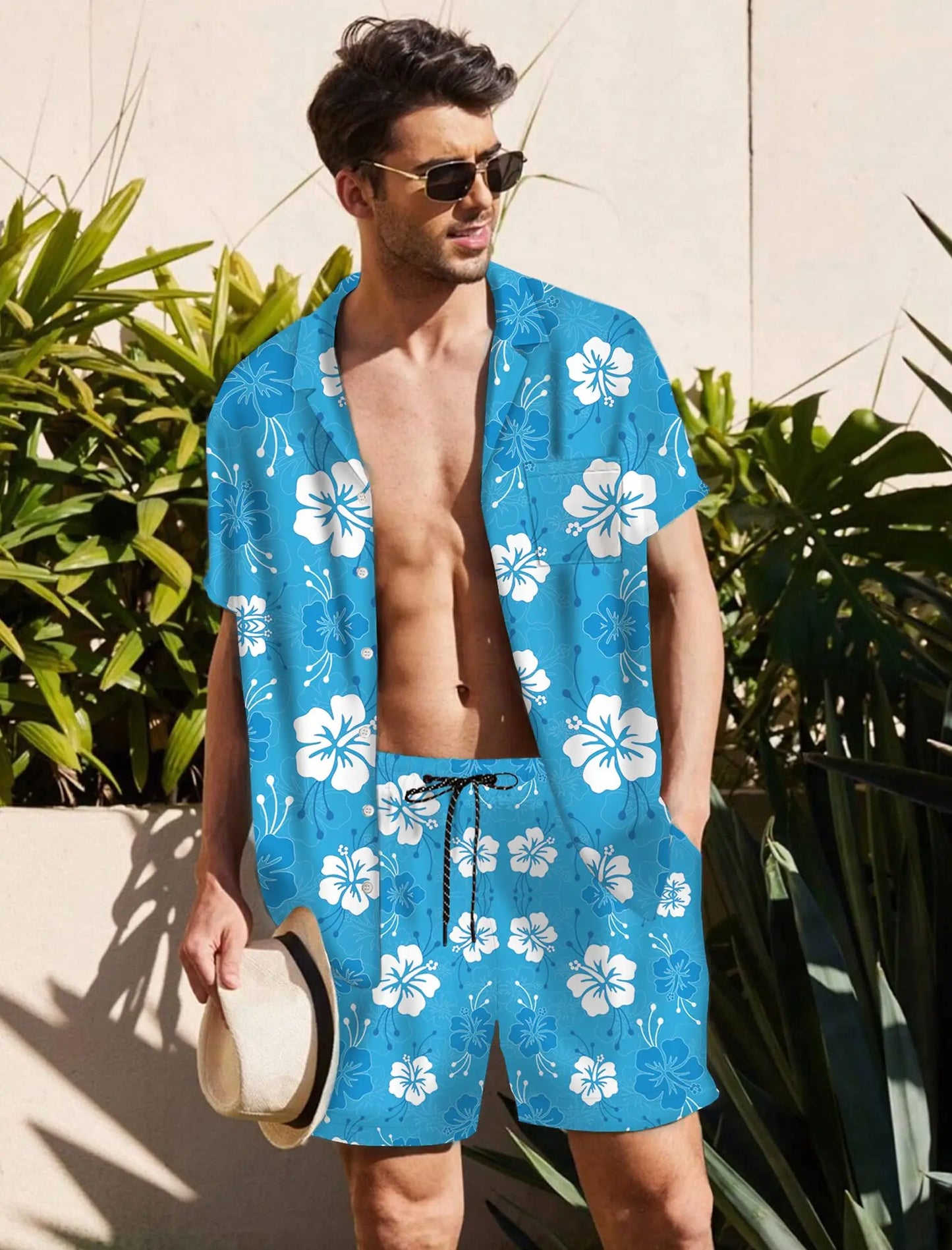 KYKU Mens Hawaiian Shirt and Short Set - Summer Short Sleeve Button Down Beach Shirts Tropical Vacation 2 Piece Outfits