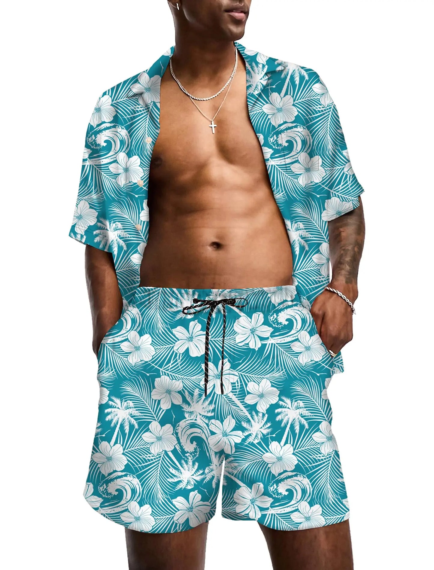 KYKU Mens Hawaiian Shirt and Short Set - Summer Short Sleeve Button Down Beach Shirts Tropical Vacation 2 Piece Outfits