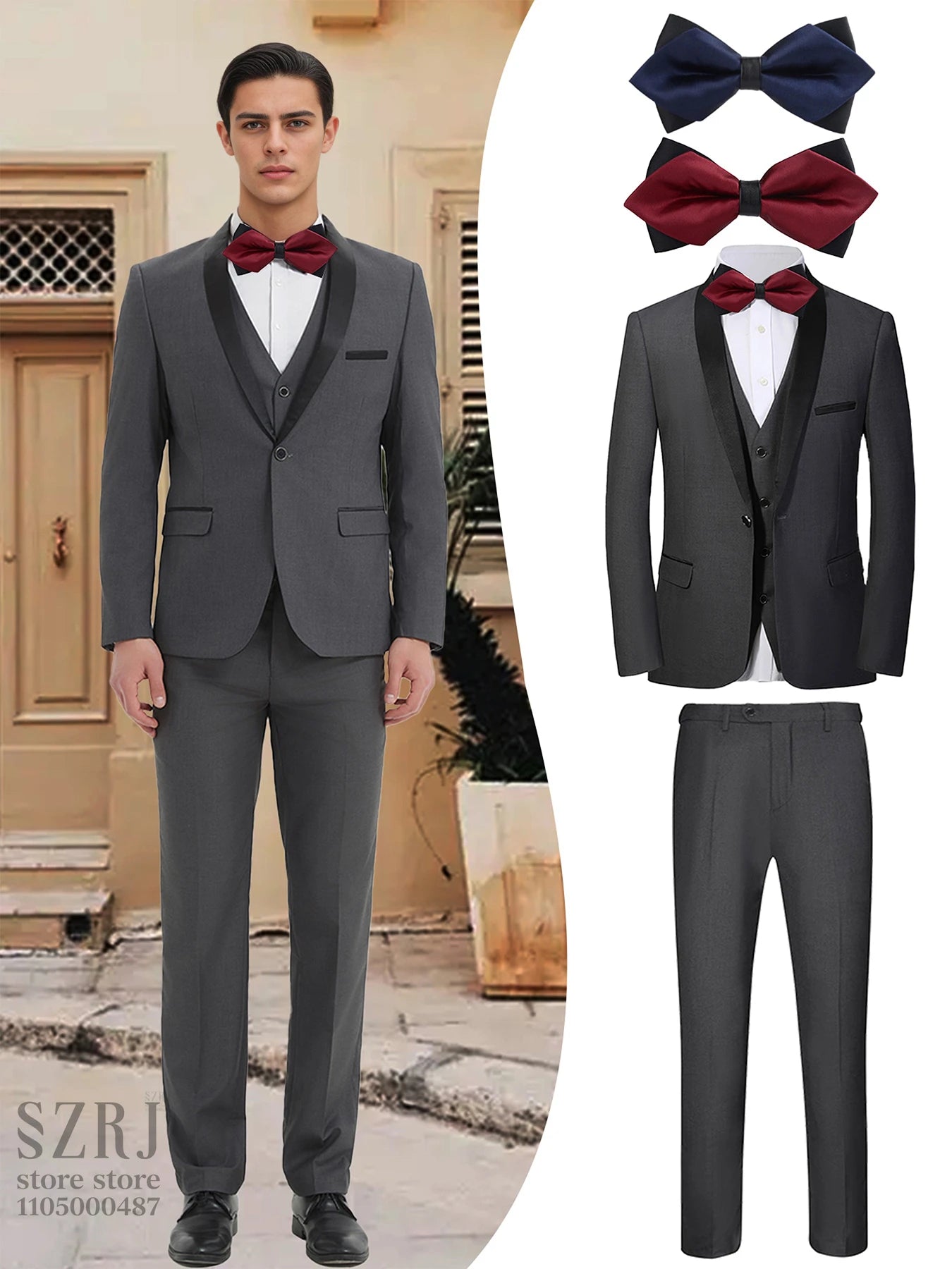 Men's 5-Piece Business Suit Set: Jacket+Vest+Pants+2 Bow Ties (Red+Blue).Premium, Tailored， For Parties, Weddings, Business.
