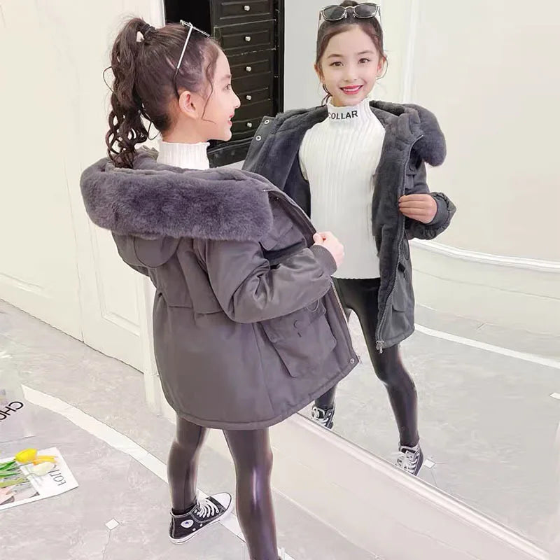 Fashion Girls clothing Jackets Autumn Winter parka Clothes Medium Long coat windbreaker Plaid Thicken Lamb Children Woolen Coats