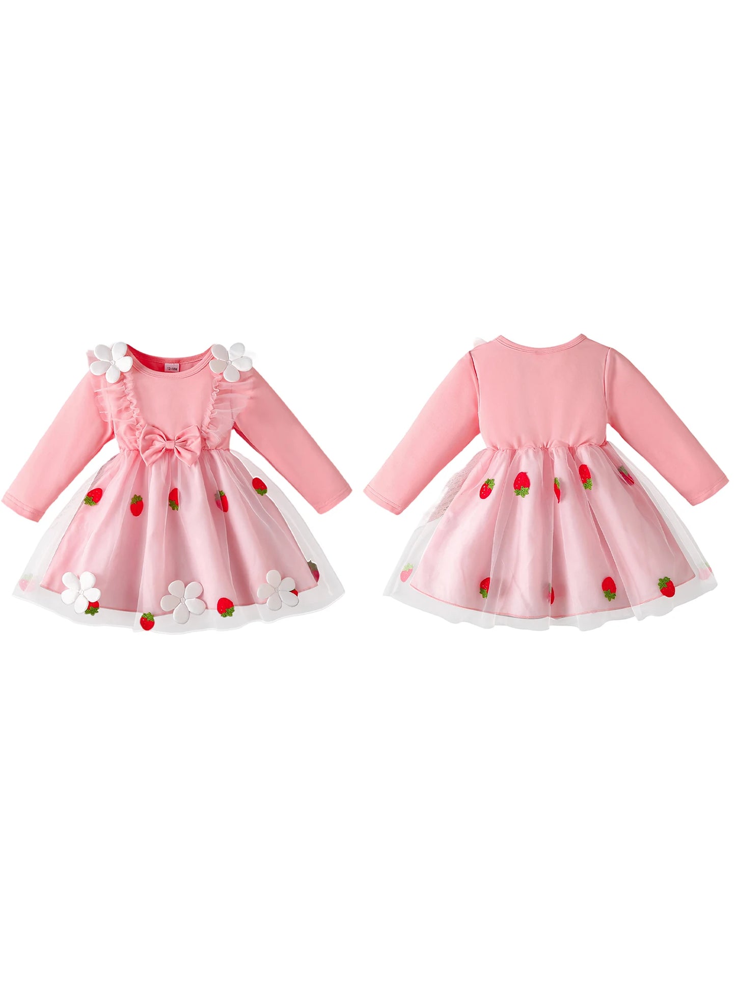 Infant Girls Long Sleeve Crew Neck Dress with Strawberry Embroidery Floral Bow Detail and Tutu Skirt