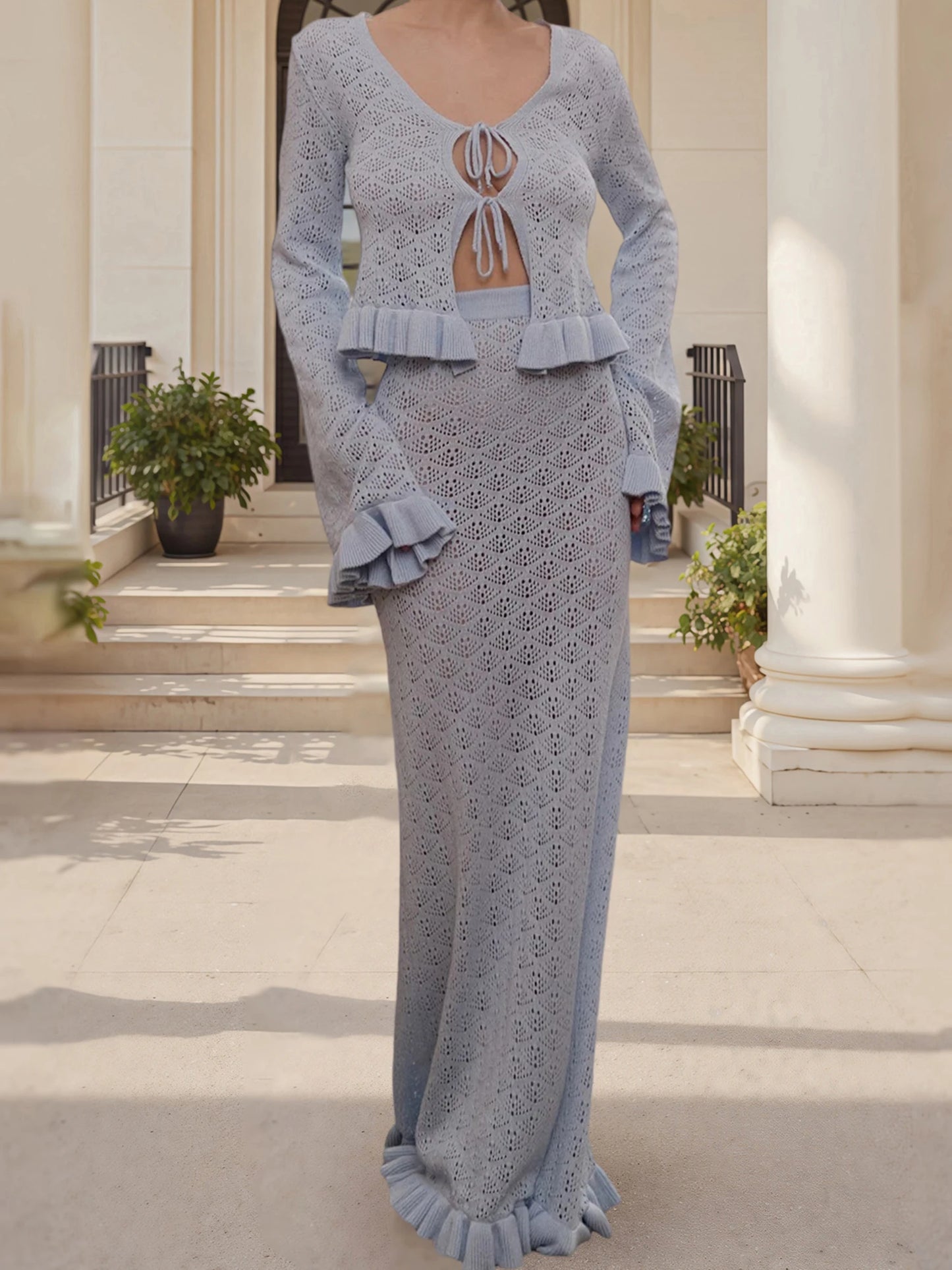 Women s Two Piece Outfit Stylish Long Sleeve Tie Front Top with Ruffled Bodycon Skirt Set for a Chic Look