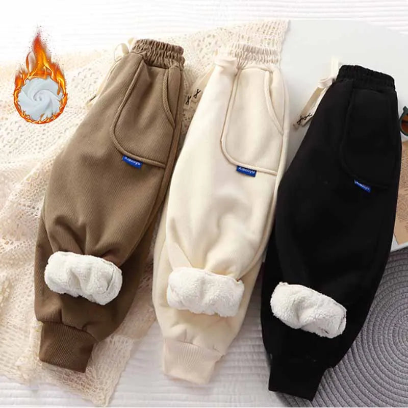Boys Girls Fleece Line Pants Winter Children Thick Velvet Warm Trousers Autumn New Girls Elastic Solid Casual Sweatpants 2-12Y