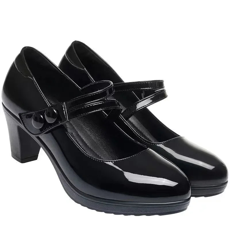 Fall 2025 Women's Low Cut Single Shoes High Heel Buckle Strap Thick Heel Qipao Show Mom Shoes round Toe Rubber Outsole PU Leathe