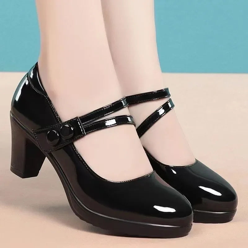 Fall 2025 Women's Low Cut Single Shoes High Heel Buckle Strap Thick Heel Qipao Show Mom Shoes round Toe Rubber Outsole PU Leathe