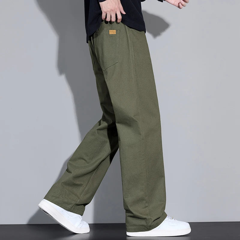 100% Cotton Men's Baggy Wide-leg Pants Soft Breathable Loose Straight Casual Trousers Spring Autumn Fashion Korean Streetwear
