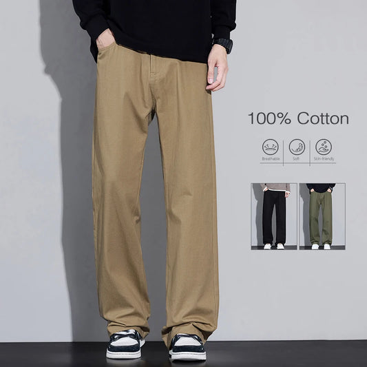 100% Cotton Men's Baggy Wide-leg Pants Soft Breathable Loose Straight Casual Trousers Spring Autumn Fashion Korean Streetwear