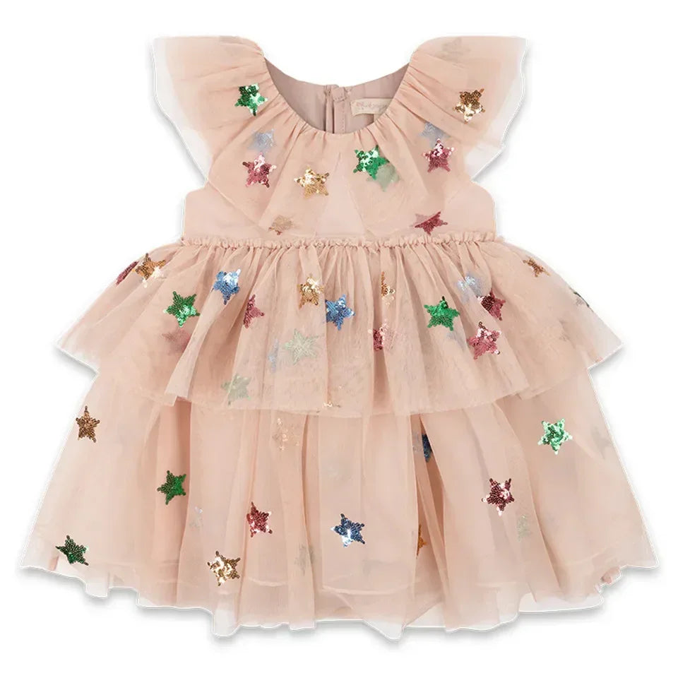 2024 KS Baby Girls Star Sequins Dress Kids Clothes Girls Mesh Princess Dresses Children Casual Skirts Christmas Party Vestidos