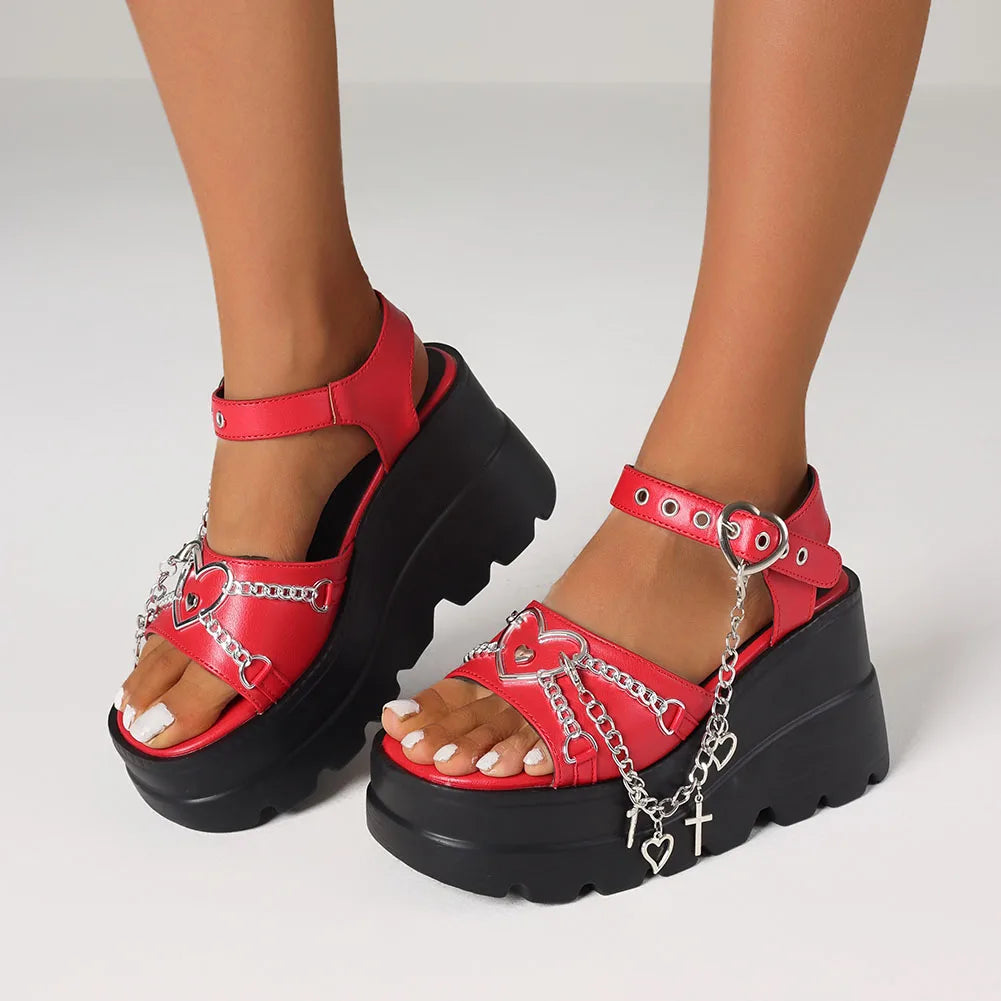 Women's Y2K Platform Goth Summer Sandals Fashion Punk Heart Chain Wedges High Heels Casual Party Street Thick Bottom Sandals