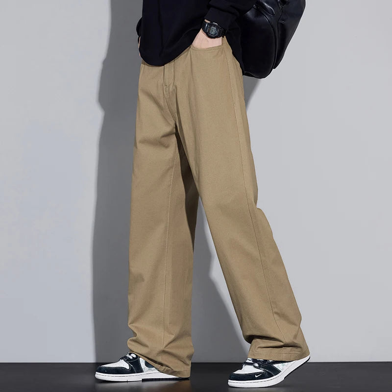 100% Cotton Men's Baggy Wide-leg Pants Soft Breathable Loose Straight Casual Trousers Spring Autumn Fashion Korean Streetwear