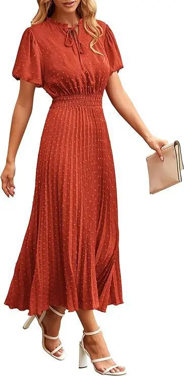 Women's Spring Fall Midi Dress Casual Long/Short Sleeve Elegant and fashionable V Neck Swiss Dot Pleated A Line Flowy Dresses
