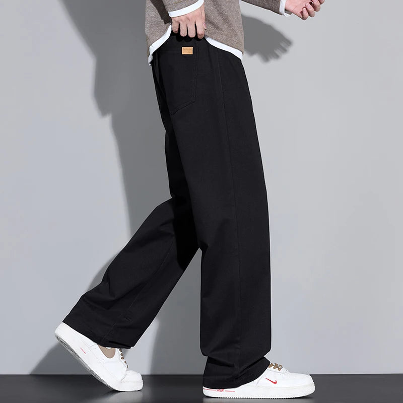 100% Cotton Men's Baggy Wide-leg Pants Soft Breathable Loose Straight Casual Trousers Spring Autumn Fashion Korean Streetwear