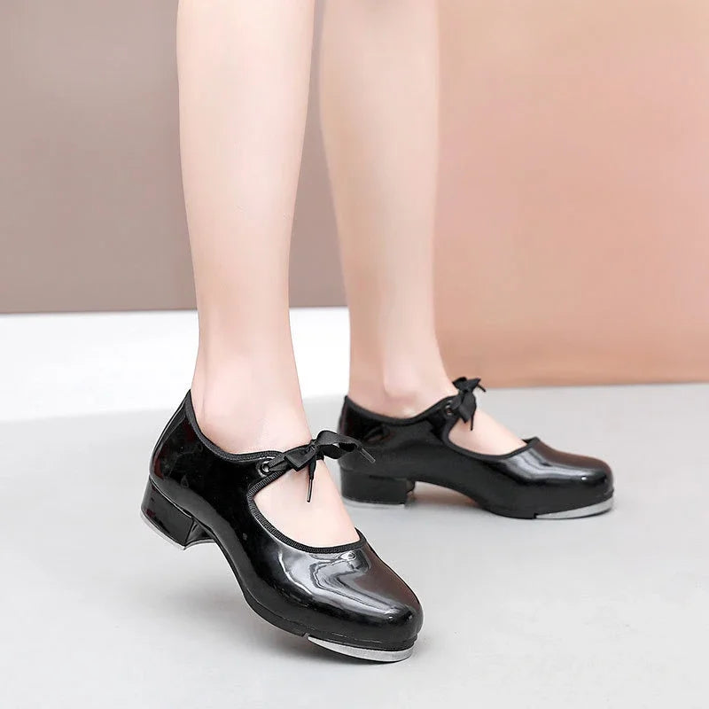 Unisex Elastic Opening Straight Sole Tap Dance Shoes Women Black Imitation Leather Sneakers Step Dance Shoes Children Large Size