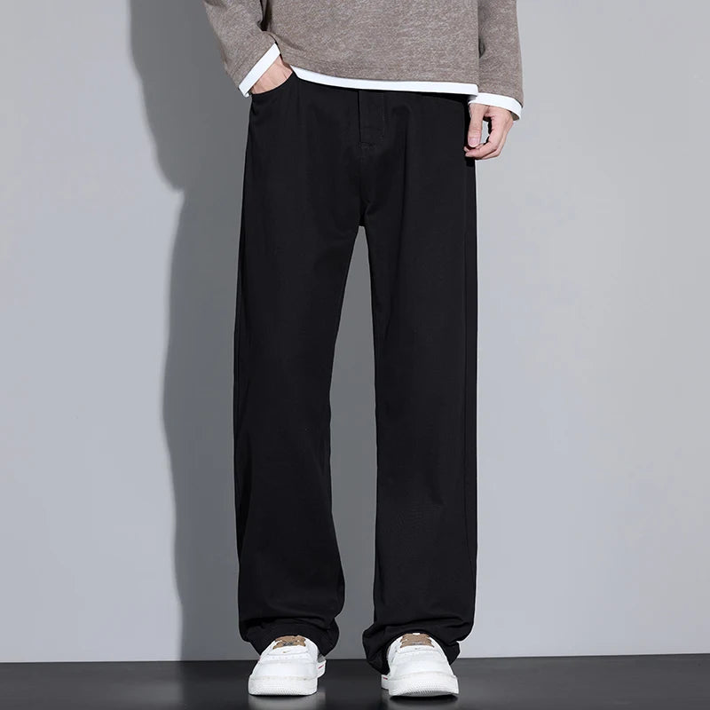 100% Cotton Men's Baggy Wide-leg Pants Soft Breathable Loose Straight Casual Trousers Spring Autumn Fashion Korean Streetwear
