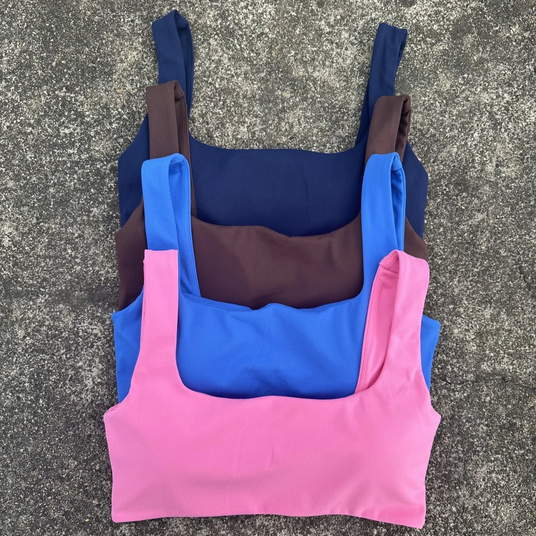 Solid Color Hollow back shoulder straps Square collar Gym Yoga Underwear Women  Fitness sport Bra Top Comprehensive Training pad