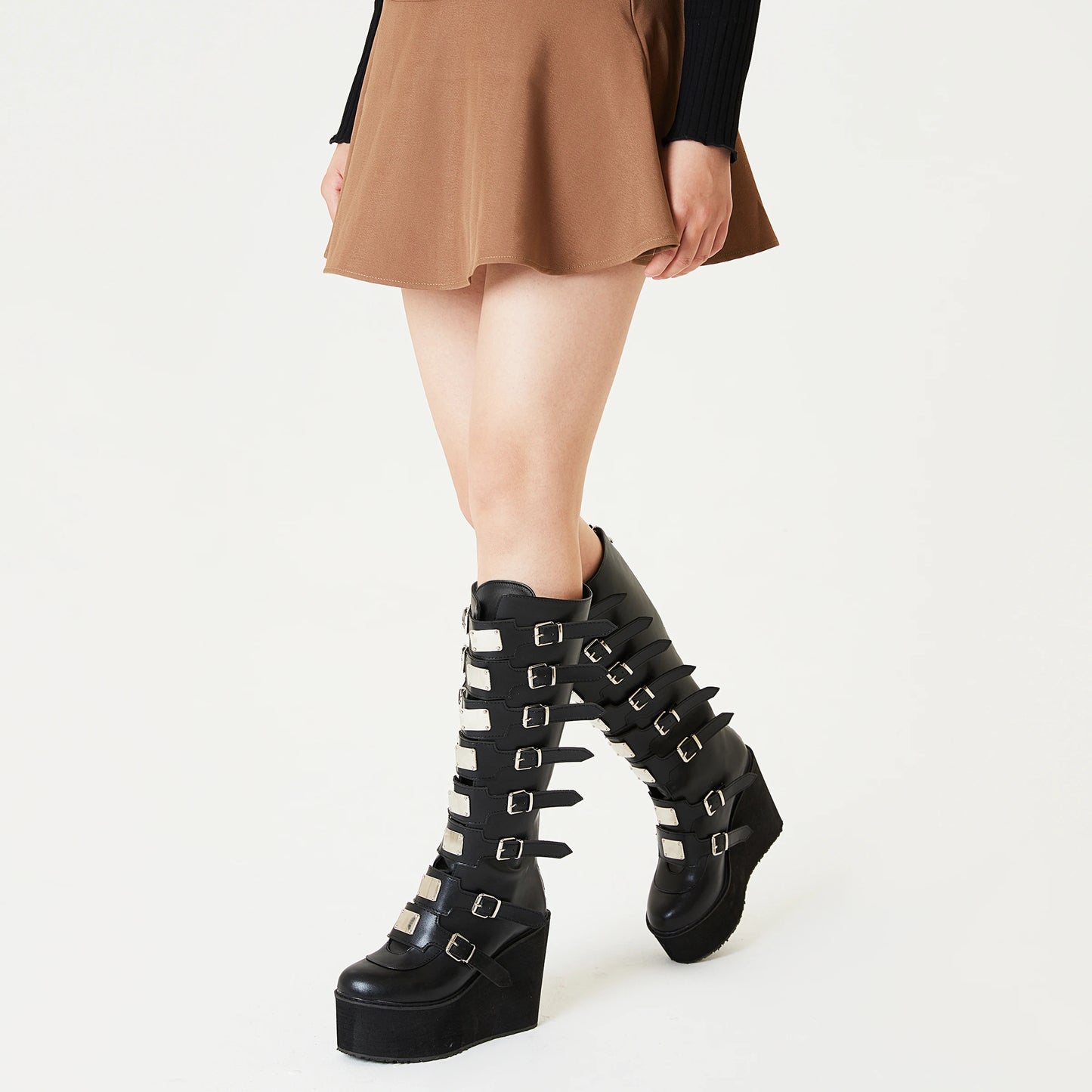 GIGIFOX Women Punk Motorcycle Boots Platform High Wedges Heel Zipper Metal Buckle Mid-Claf Boots Goth Combat Y2K COS Women Shoes