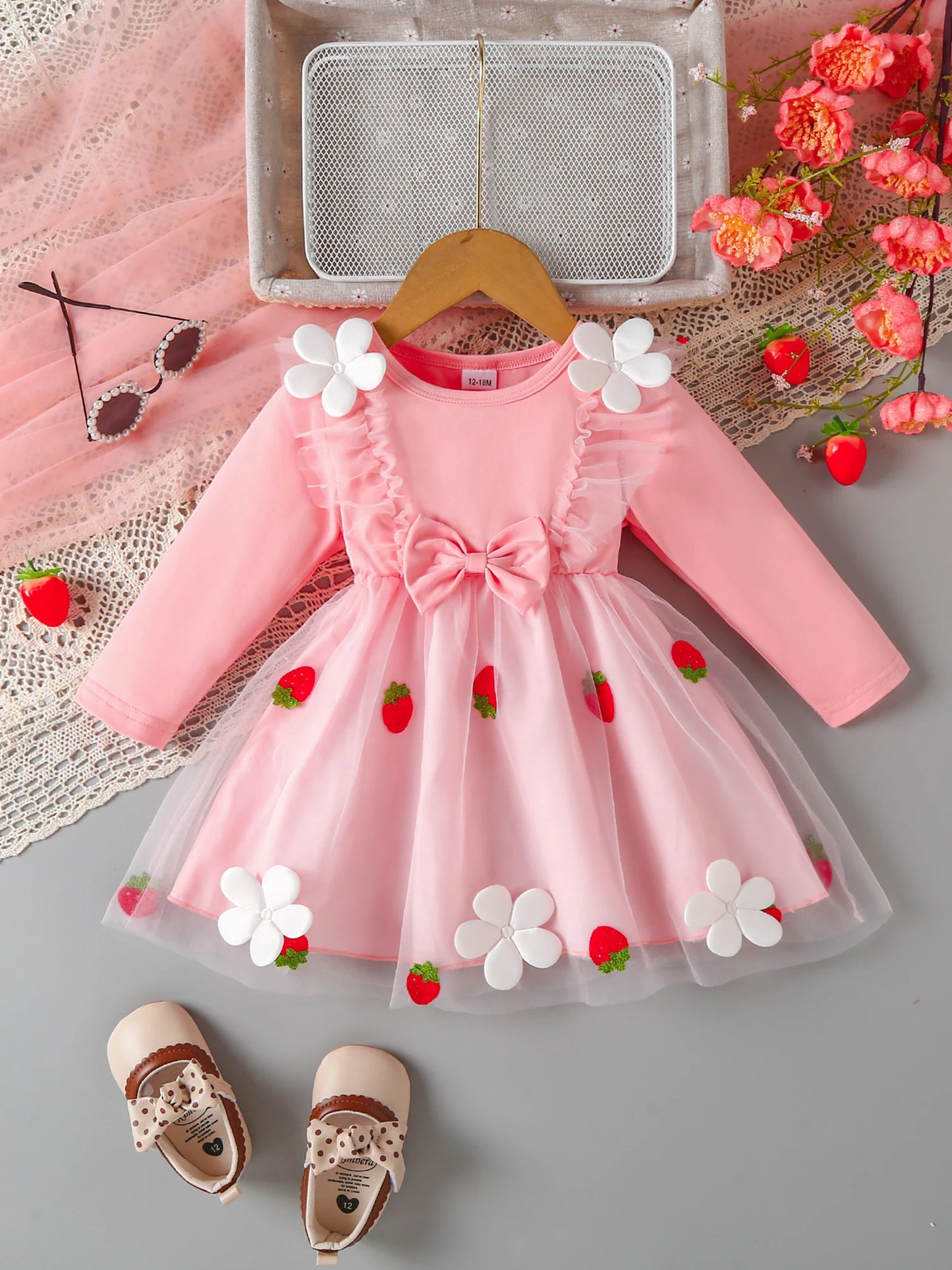 Infant Girls Long Sleeve Crew Neck Dress with Strawberry Embroidery Floral Bow Detail and Tutu Skirt
