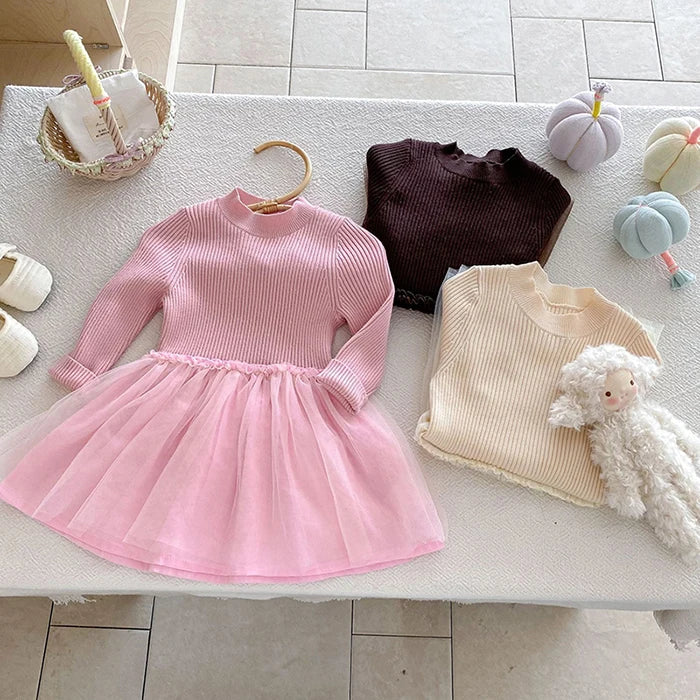 2025 New Autumn European American Style 1-6Yrs Baby Girl Party Dress Long Sleeved Knitted Mesh Splicing Kids Princess Dresses