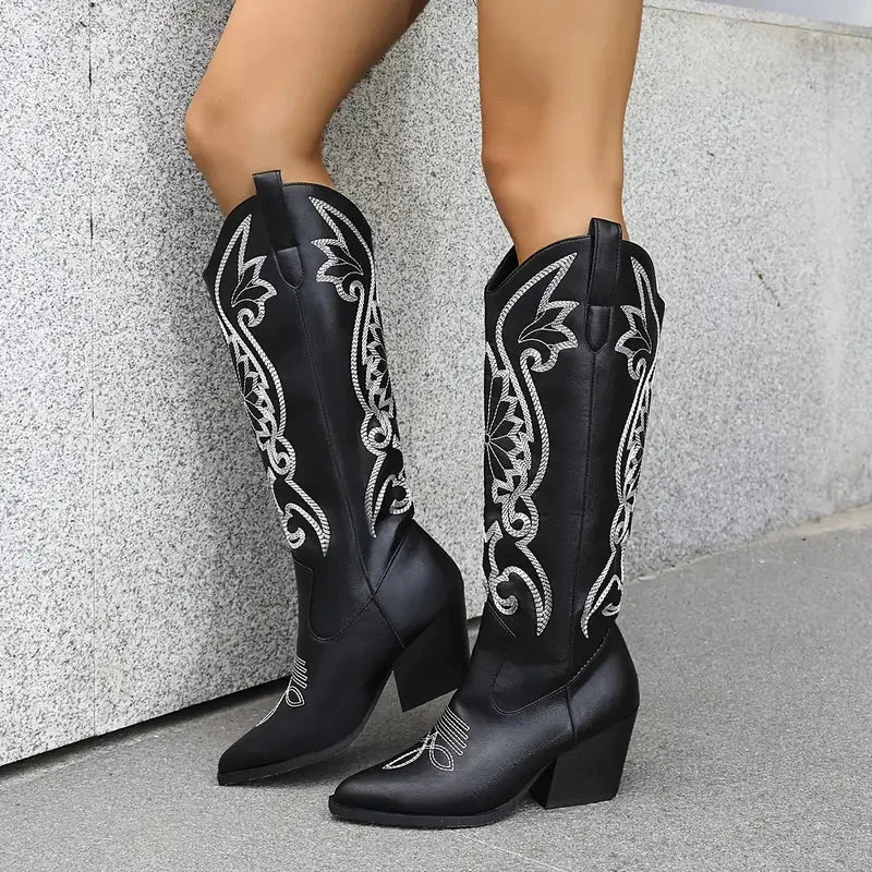 Women's Knee High Western Cowboy Boots Vintage Embroider Block Chunky High Heels Pointed Toe Pull On Fashion Cowgirl Boots