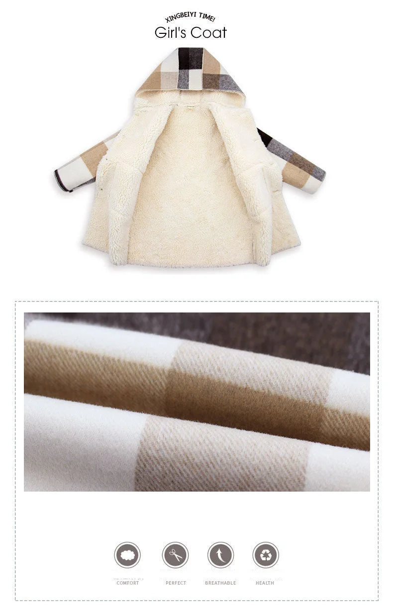 Fashion Girls clothing Jackets Autumn Winter parka Clothes Medium Long coat windbreaker Plaid Thicken Lamb Children Woolen Coats
