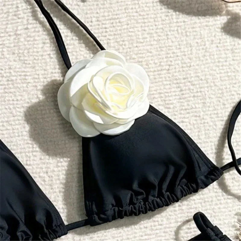 Sexy Flower Bandeau Swimwear Thong Bikini 2025 Women Lace-up Swimsuits Swimming Bathing Suit Brazilian Bikinis Set Mujer Biquini