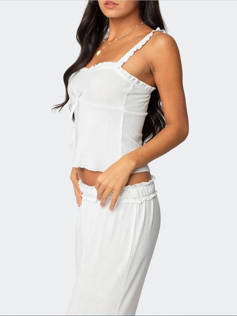 Women s 2-Piece Pajama Set with Lace Trim Square Neck Cami Top and Long Pants Cute Bow Detail Lounge Outfit