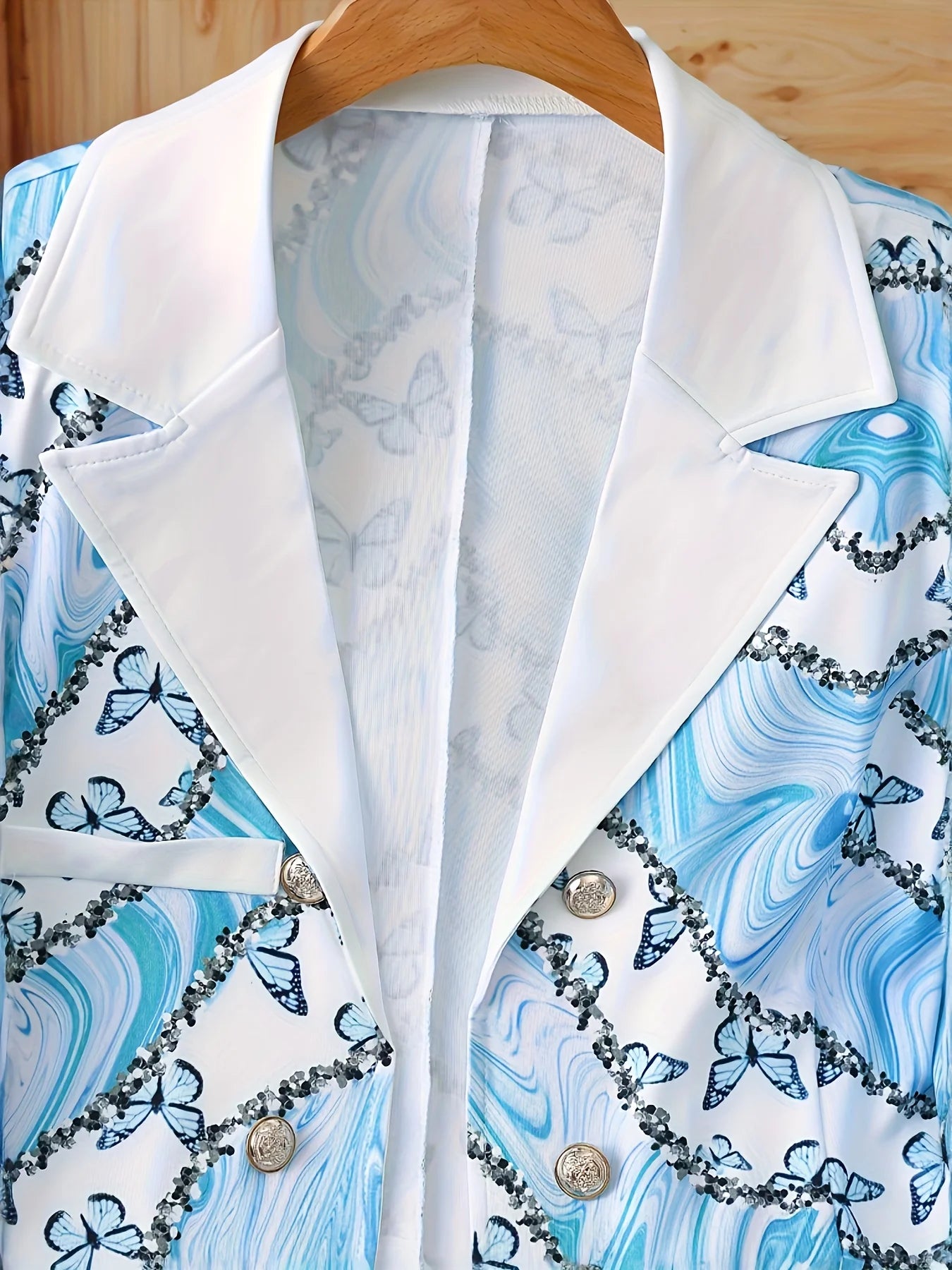 Ladies' elegant two-piece set, butterfly print long sleeved lapel double breasted suit jacket and solid color leggings clothing