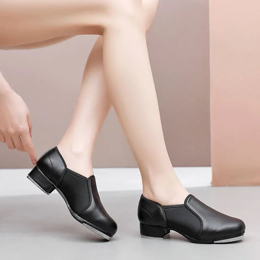 Unisex Elastic Opening Straight Sole Tap Dance Shoes Women Black Imitation Leather Sneakers Step Dance Shoes Children Large Size