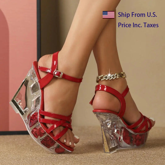 【Send from US Inc Taxs】1101-Series 11CM Crystal Wedge Heel Sandals for Women Waterproof Red Dance Shoes Table Sandals