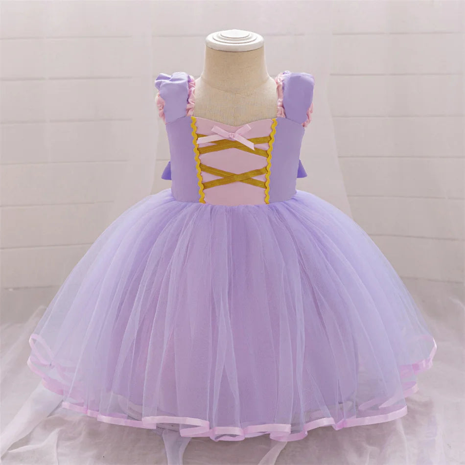 Snow White Rapunzel Sofia Purple Princess Dress Toddler Cosplay Halloween Carnival Party Mesh Gown Girls Birthday Bow Vestidos