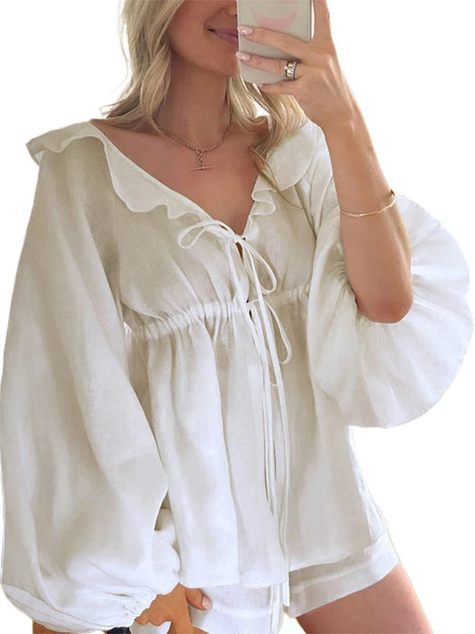 Women 2 Piece Outfits Ruffle Loose Tie Front Long Sleeve Shirt and Casual Elastic Shorts Club Streetwear Summer Clothes