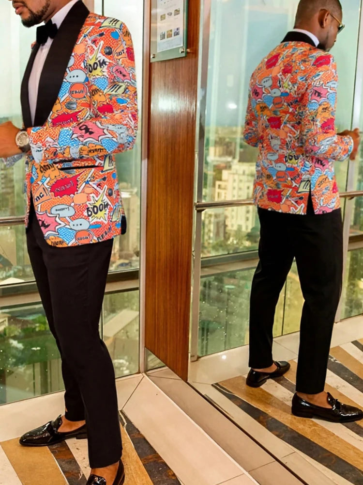 Men's patterned suit, lapel slim-fitting fashion jacket set for banquets and performances
