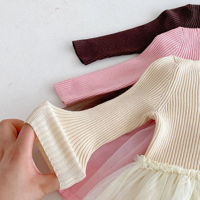 2025 New Autumn European American Style 1-6Yrs Baby Girl Party Dress Long Sleeved Knitted Mesh Splicing Kids Princess Dresses