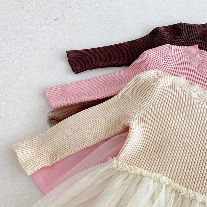 2025 New Autumn European American Style 1-6Yrs Baby Girl Party Dress Long Sleeved Knitted Mesh Splicing Kids Princess Dresses