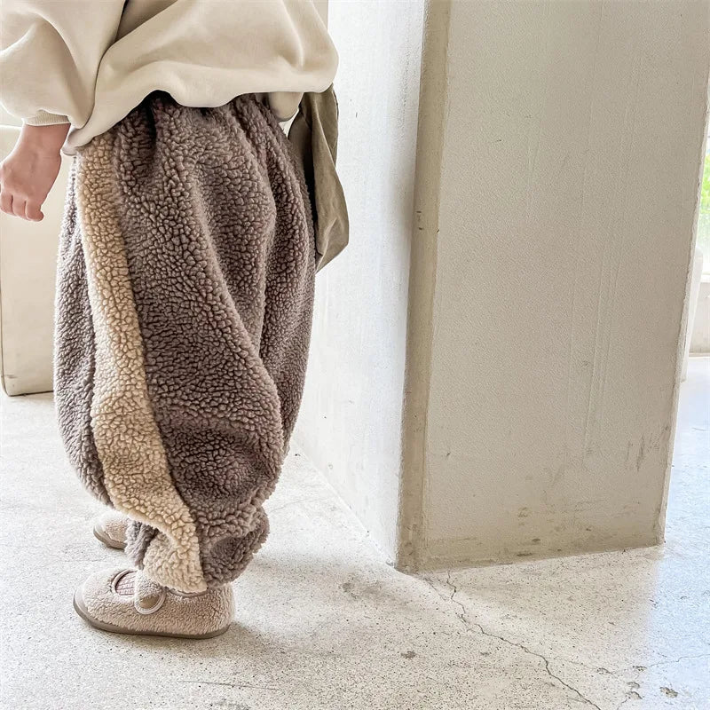 2025 Winter New Children Warm Trousers Baby Loose Lamb Fleece Pants Toddler Girls Casual Pants Solid Baby Boys Harem Pants