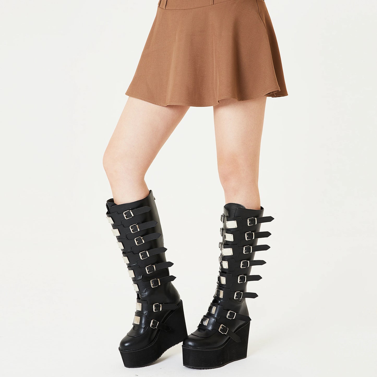 GIGIFOX Women Punk Motorcycle Boots Platform High Wedges Heel Zipper Metal Buckle Mid-Claf Boots Goth Combat Y2K COS Women Shoes