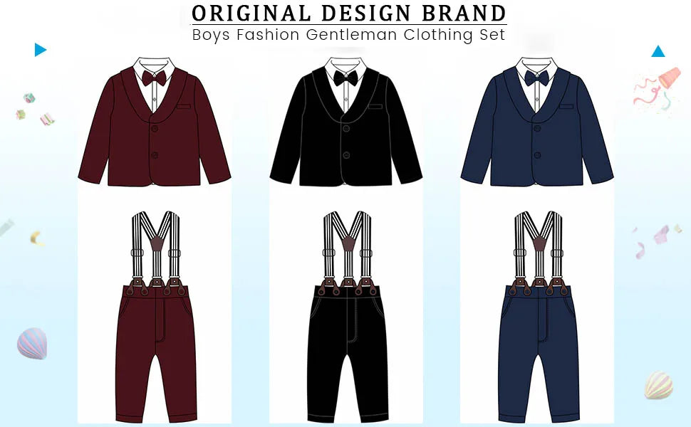 Toddler Boy Suit 5Pcs Formal Gentleman Outfits, Dress Shirt+Bowtie+Jacket+Suspender Pants Wedding Party Clothes Suits