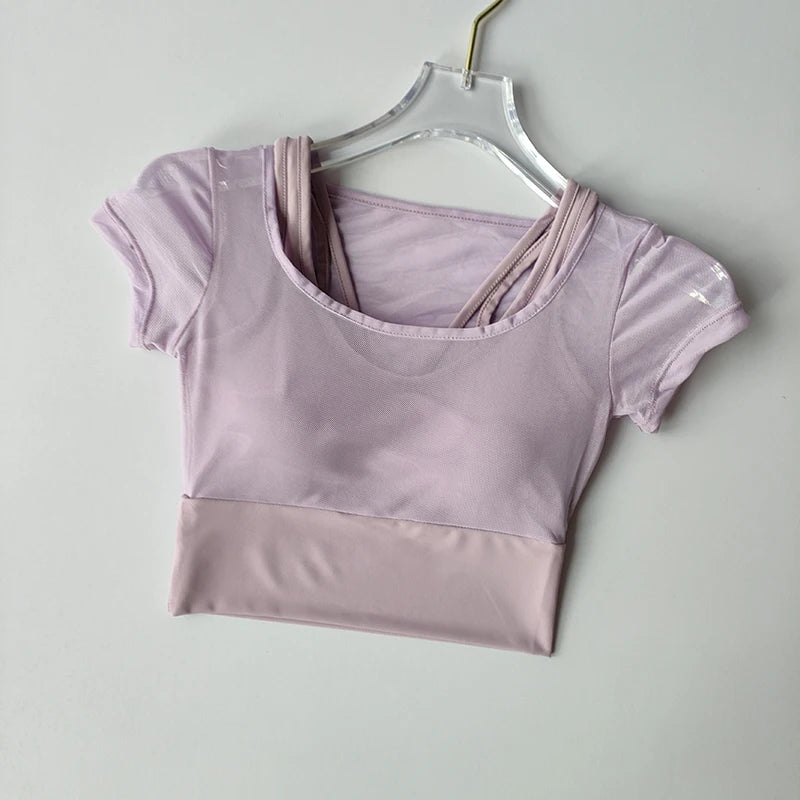 Women's Mesh Yoga Shirt Sexy Short Sleeve T-Shirt Pad Sport Top Blouse Quick Dry Gym Shirts Running Fitness Tank Shirt Yoga wear