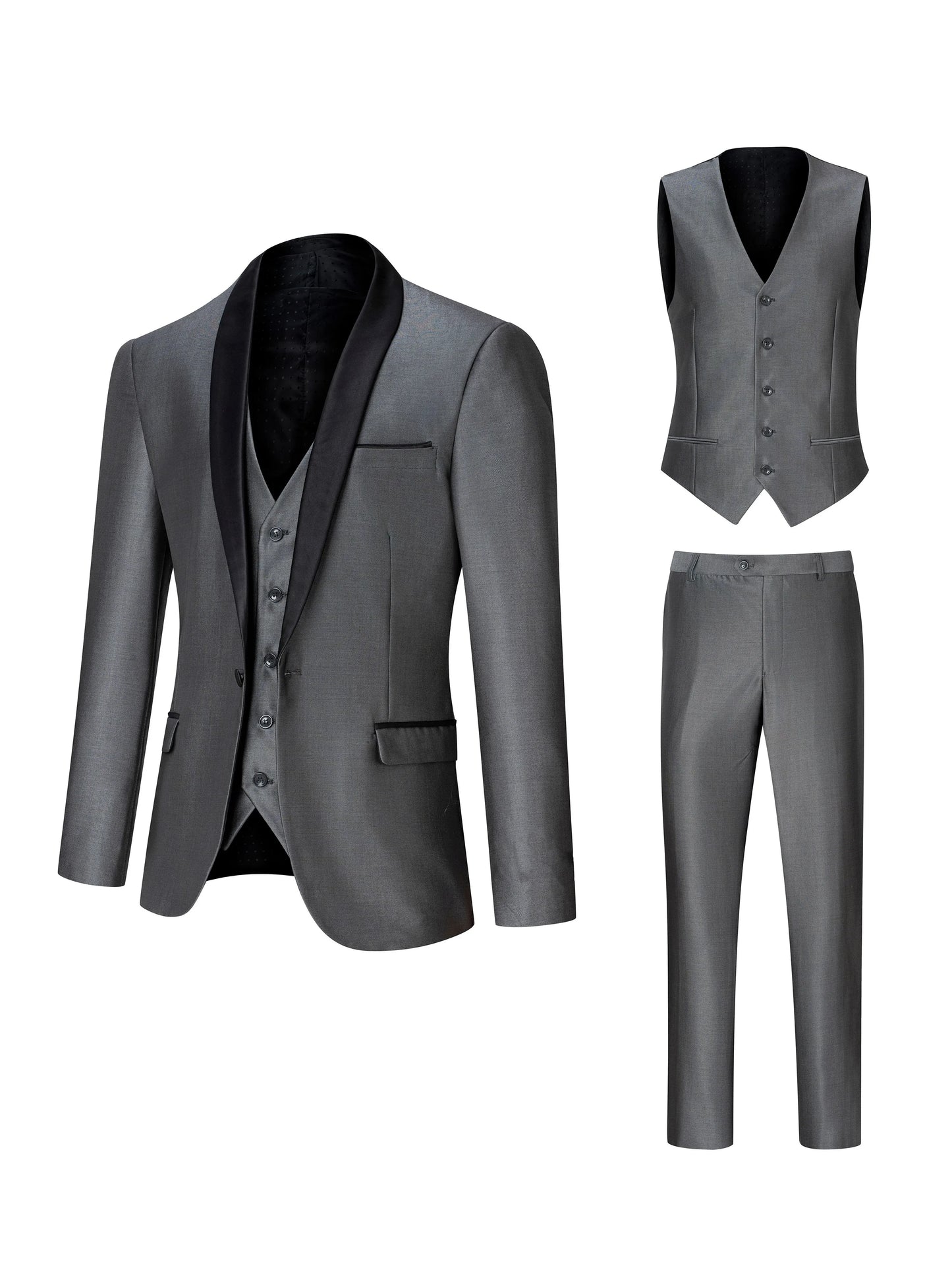 Men's White 3pcs Suit Set with Black Shawl Lapel, Single Button Formal Blazer, Vest & Trousers for Prom Wedding Dinner Busines