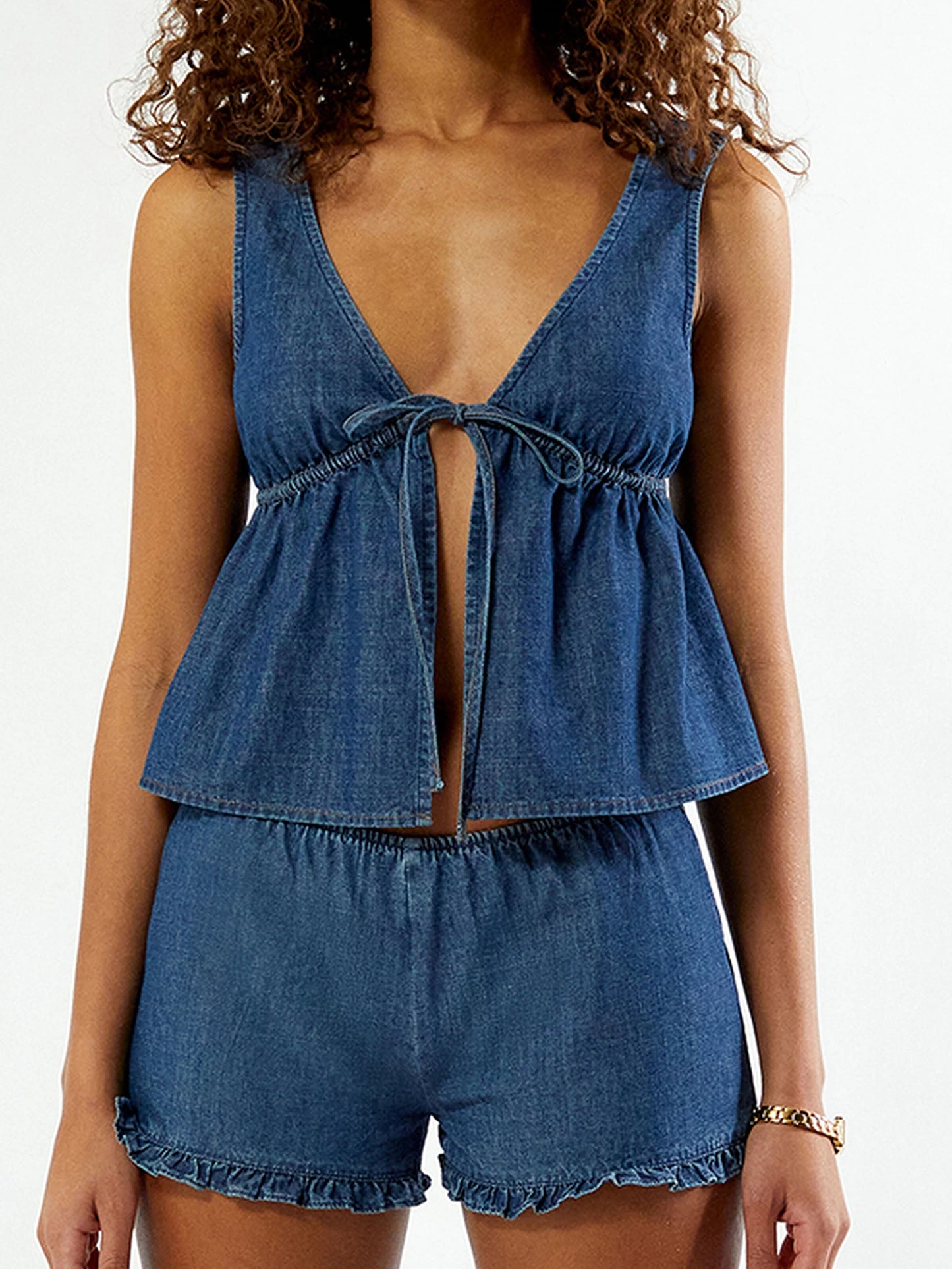 Women s Denim Ensemble Stylish Deep V Neck Tank Top with Tie Front Detail and Elastic Waist Ruffle Shorts - 2 Piece Set for