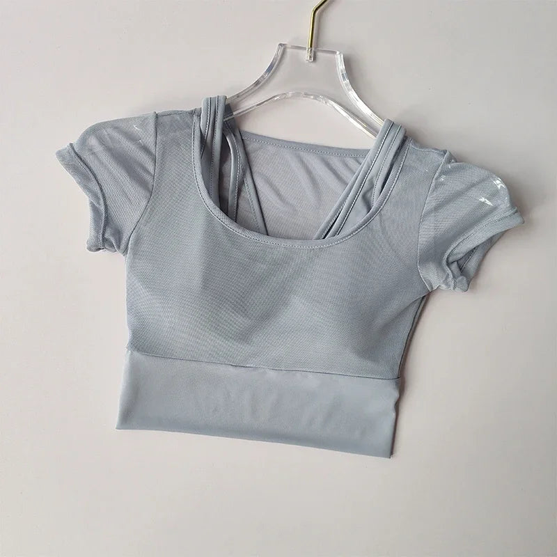 Women's Mesh Yoga Shirt Sexy Short Sleeve T-Shirt Pad Sport Top Blouse Quick Dry Gym Shirts Running Fitness Tank Shirt Yoga wear