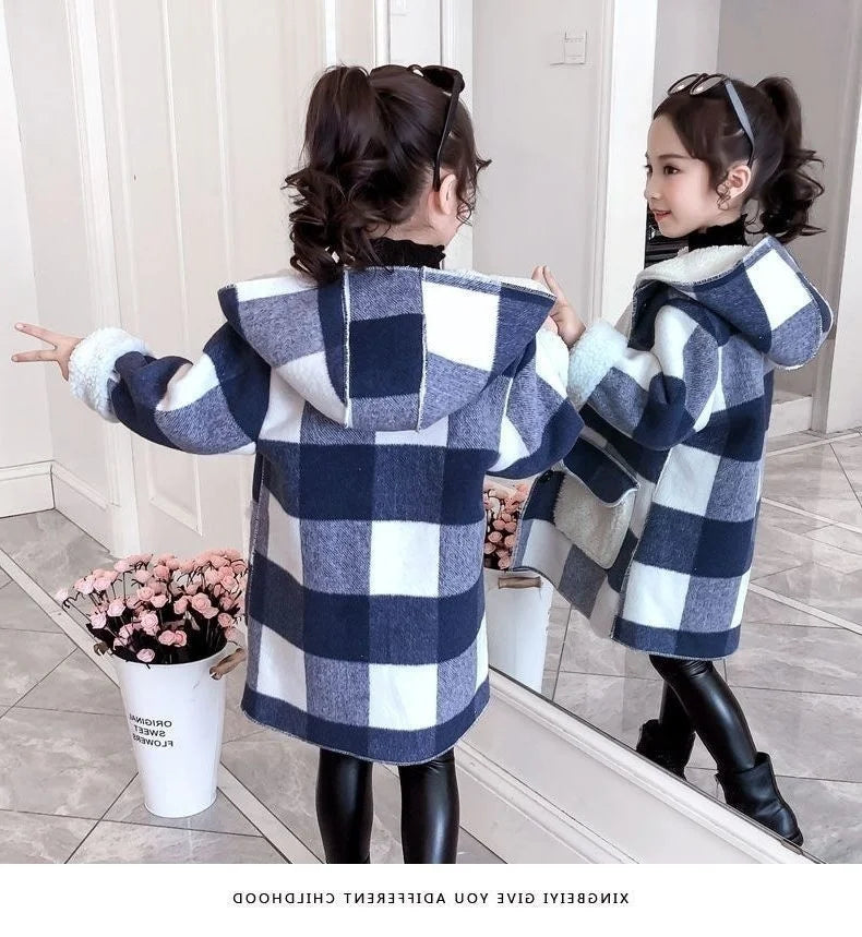 Fashion Girls clothing Jackets Autumn Winter parka Clothes Medium Long coat windbreaker Plaid Thicken Lamb Children Woolen Coats