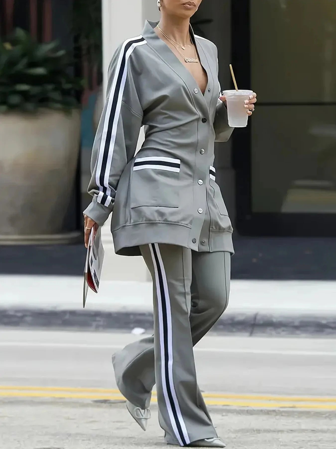 Women's New Versatile Fashion Side Stripe Casual Two-Piece Suit