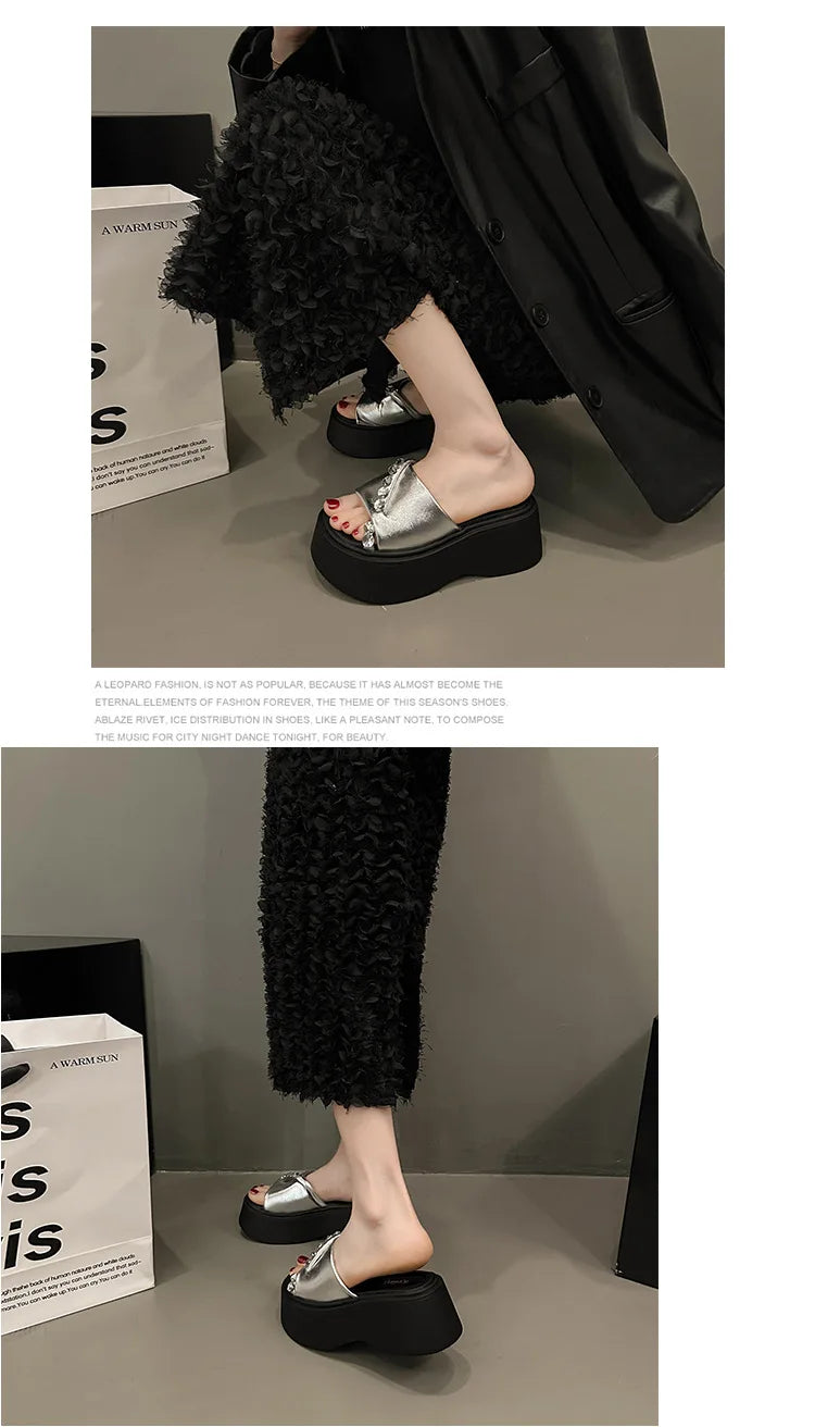 2024 Rhinestones Summer Sandals for Women Fashion Outdoor Wear Slippers high-end Thick Soled Shoes Ladies Elegant Beach Sandals