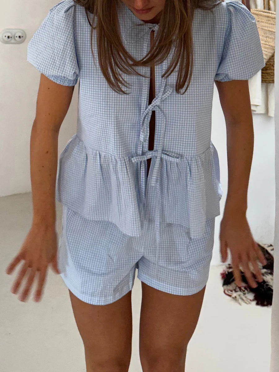 Women’s Casual 2 Piece Outfits Puff Sleeve Tie Knot Front Tops Shorts Set Loungewear