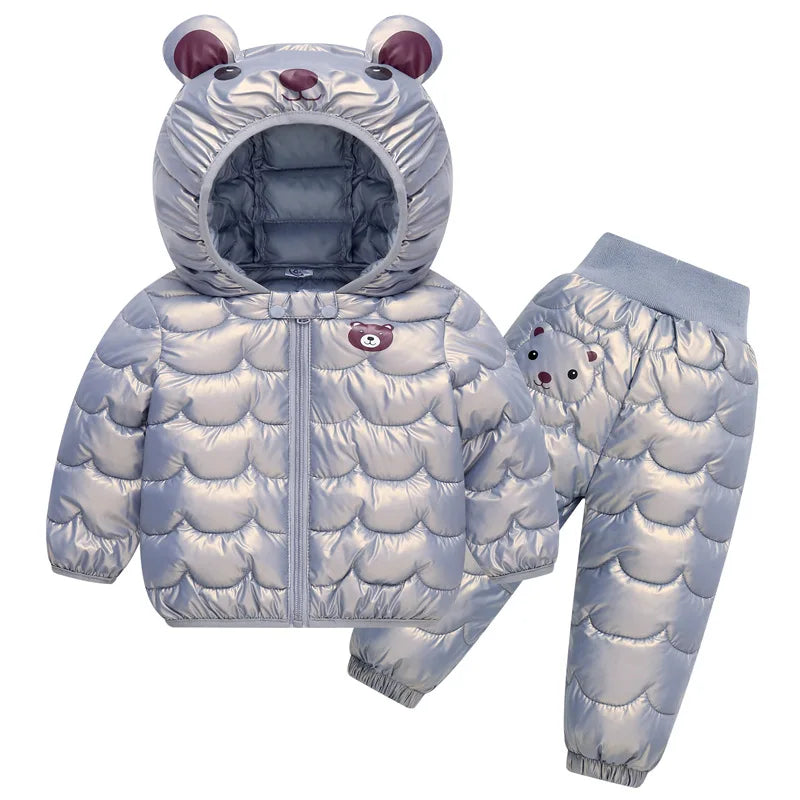 2023 New Children's Winter Set Boys and Girls' Down Coat Cartoon Bear Hooded Coat+Pants Baby Snow Thickened Warm Set 0-5Y