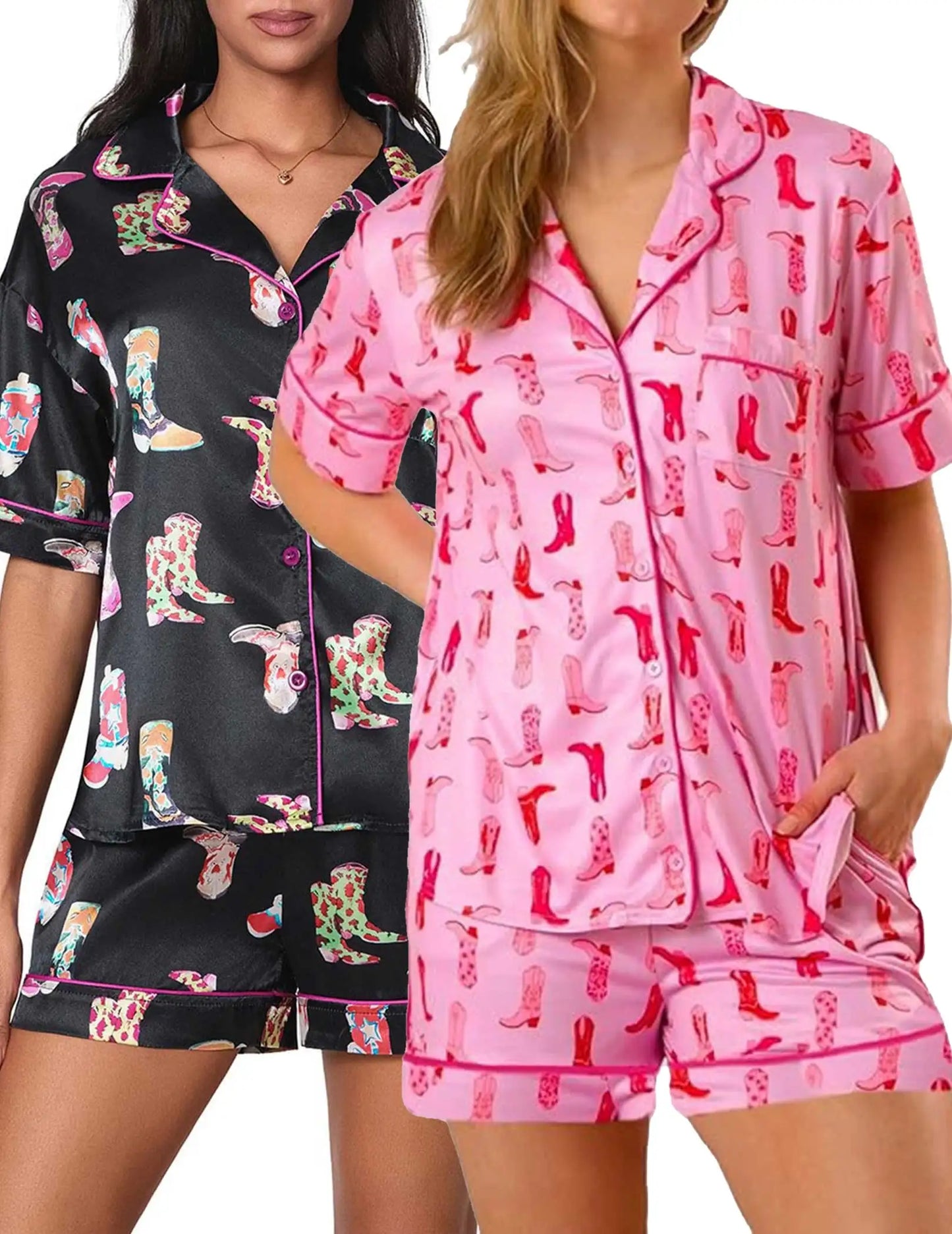 Women 2 Piece Boots Graphic Pajama Set Satin Sleepwear