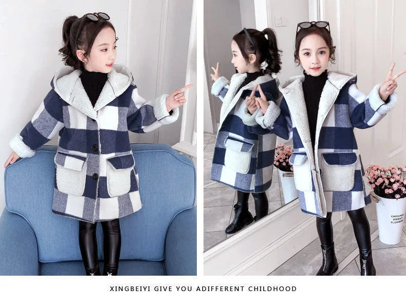 Fashion Girls clothing Jackets Autumn Winter parka Clothes Medium Long coat windbreaker Plaid Thicken Lamb Children Woolen Coats